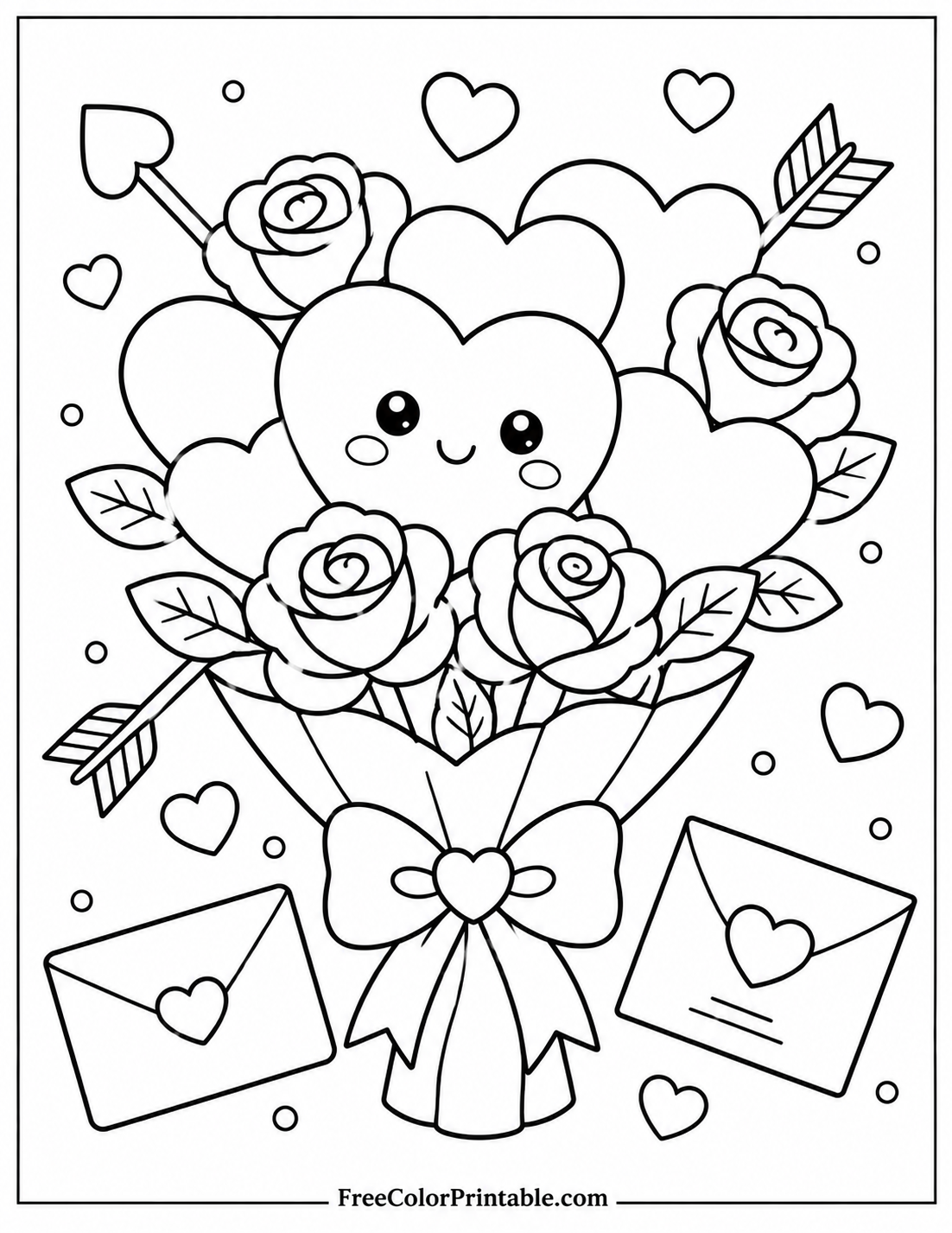 Valentine's bouquet and love symbols Coloring Page — Free Printable — free printable coloring page